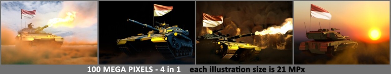Monaco army concept - 4 highly detailed illustrations of tank with not real design with Monaco flag and free place for your text, military 3D Illustration