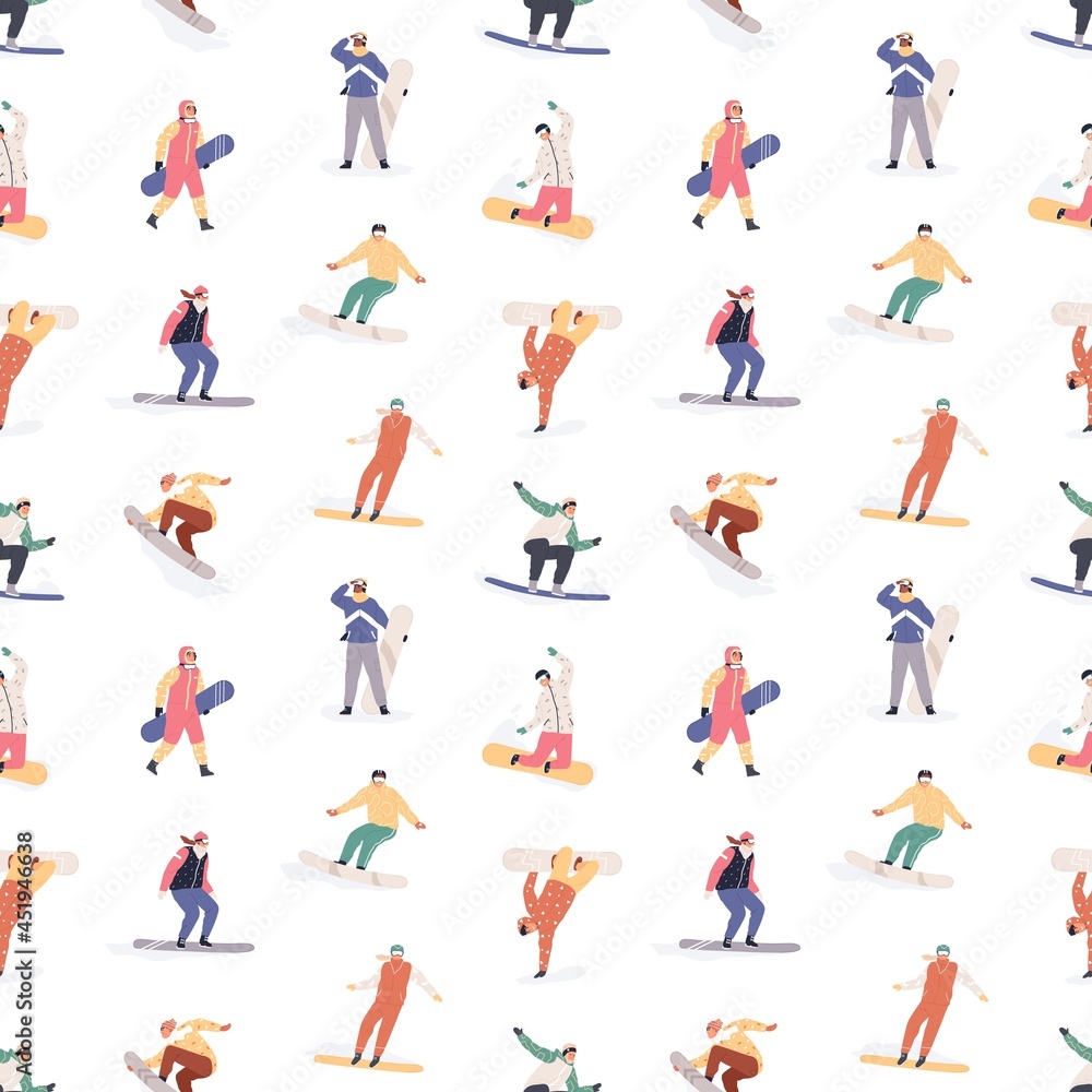 Leinwandbilder seamless pattern with snowboarders on white background. happy people riding snowboards in winter. en