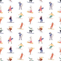 Seamless pattern with snowboarders on white background. Happy people riding snowboards in winter. Endless repeatable design with characters on snow boards. Flat vector illustration for printing