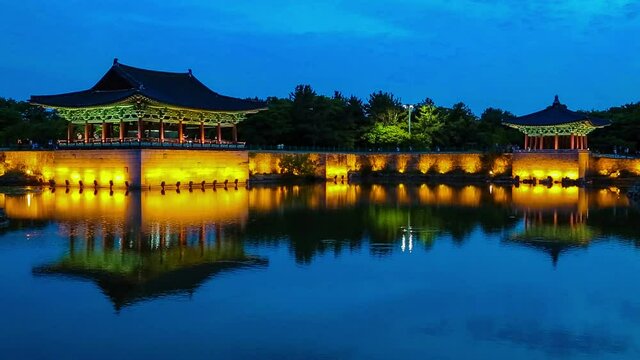 The Donggung Palace and  its reflection on the Wolji Pond at night, South Korea