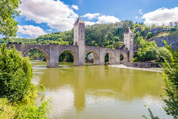 View at the Towers of Valentre bridge over Lot river in Cahors ,France