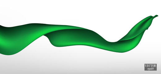 Green silk blown on white background. Green flying silk fabric in the air. Vector Flying satin.