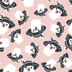 Funny cute seamless pattern with a portrait of a lami in a hat.Creative llama childish texture.For printing baby textile, fabrics, design, decor, gift wrap.Modern cartoon style.