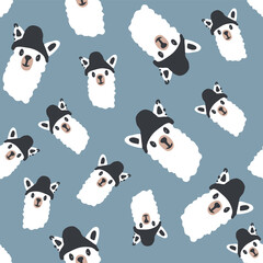 Funny cute seamless pattern with a portrait of a lami in a hat.Creative llama childish texture.For printing baby textile, fabrics, design, decor, gift wrap.Modern cartoon style. Isolated in background