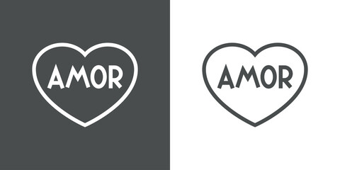 Día de San Valentín. Logotipo con texto hecho a mano Amor en español en silueta de corazón con lineas en fondo gris y fondo blanco