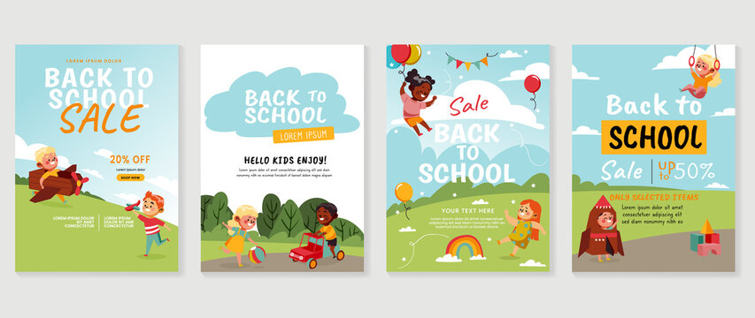 Back to school Sale vector banners. Background design with children and school playground.  Kids hand drawn flat design for poster , wallpaper, website and cover template. 