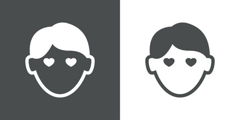 Hombre enamorado. Logotipo con silueta de cara de chico con ojos con forma de corazón en fondo gris y fondo blanco