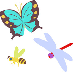 カラフルな蝶、蜂、トンボのイラストセット