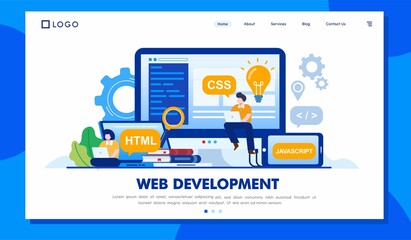 Web development, ui ux and programmer with computer, software developer, flat illustration vector