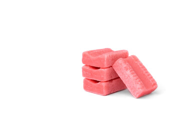 Pink bubble gum with strawberry isolated on white background.