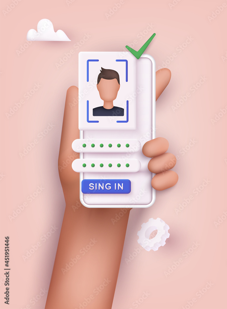 Poster hand holding mobile smart phone with face recognition app. 3d web vector illustrations.