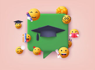 Education concept. Application learning. Cartoon emoji set. 3D Web Vector Illustrations.