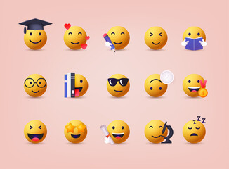 Big set of emoticon smile icons. Education. Cartoon emoji set. 3D Web Vector Illustrations.