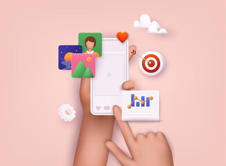 Hands holding smartphone with online platform. Influencer marketing, social media or network promotion, SMM banner, landing page, flyer. 3D Web Vector Illustrations.