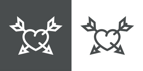 Día de San Valentín. Logotipo con silueta de corazón perforado por 2 flechas en cruz con lineas en fondo gris y fondo blanco