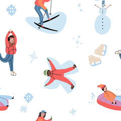 Winter sports, outdoors pastime seamless pattern. People sliding down on a snow tube, make snow angel, skiing, skating.
