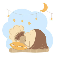 Cute cartoon animal sleeping under the blanket. Funny sheep in a sleeping mask. Sweet dreams under stars and moon. Children vector illustration.