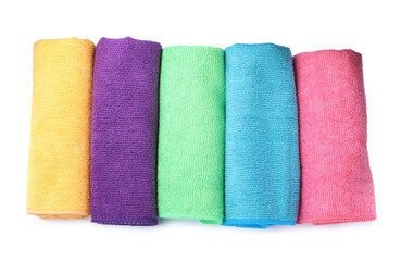 Colorful microfiber cloths on white background, top view