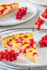 Piece of homemade red currant pie on white background, vertical