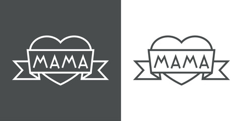 D&iacute;a de la madre. Logotipo con texto hecho a mano Mam&aacute; en espa&ntilde;ol escrito en list&oacute;n en silueta de coraz&oacute;n con lineas en fondo gris y fondo blanco