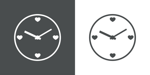 Tiempo de amor. Logotipo silueta de esfera de reloj con corazones pequeños con lineas en fondo gris y fondo blanco