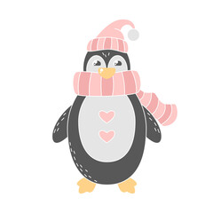 Cute cartoon penguin in winter hat and scarf. Cool print for Christmas and New Year greeting card. Funny pastel flat illustration for nursery poster design. Picture for baby bedroom. Beautiful animal.