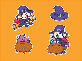 Cute and kawaii Witch mascot Sticker Illustration Set, fly in broom, hat, mix the potion