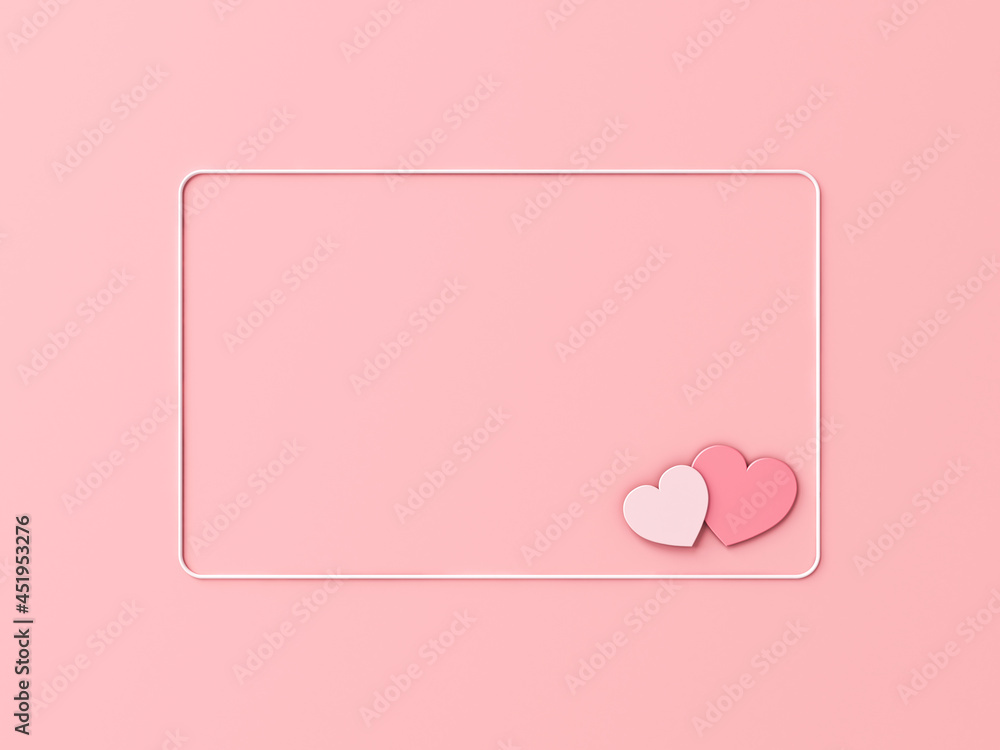Poster Abstract love hearts frame isolated on pink pastel color background with shadow minimal conceptual 3D rendering