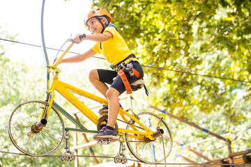 happy little girl in a rope park on the wood background