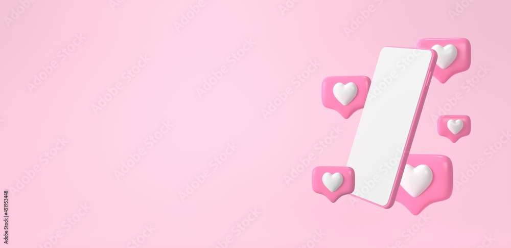 Poster smartphone with heart notifications, social network design concept, 3d rendering