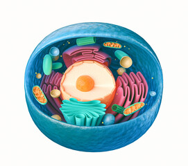 3d rendering of biological animal cell with organelles cross section isolated on white - obrazy, fototapety, plakaty