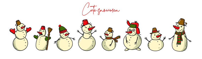 Set of hand drawn cartoon snowmen for christmas and new year decor, stickers, prints, cards, posters, banners, etc.