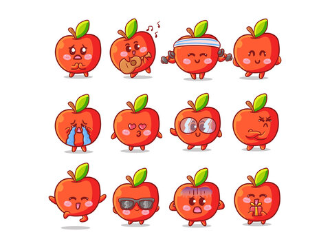 Cute and Kawaii Apple Sticker Illustration Set With Various Activity and Expression for mascot