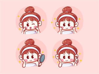 Cute and kawaii Happy Girl Doing Skincare Routine, Glowing Skin, Looking At Mirror, Applying Skincare Product, chibi manga illustration