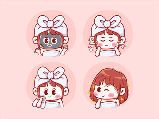 Cute and kawaii Girl Doing Skincare Routine, Apply Face Mask, Wash and Cleanse Face, Glowing Skin, manga chibi Illustration