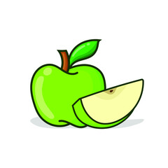 Green apple with sliced another apple. green apple vector illustration with shadow and white background