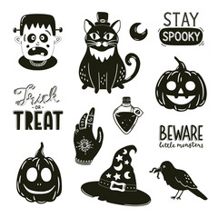 Black and white print with Halloween elements. Vector hand drawn illustrations and lettering.