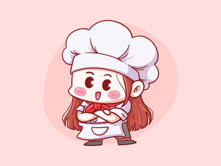 Naklejka premium Cute and kawaii Female Chef Crossed Hand Manga Chibi Illustration