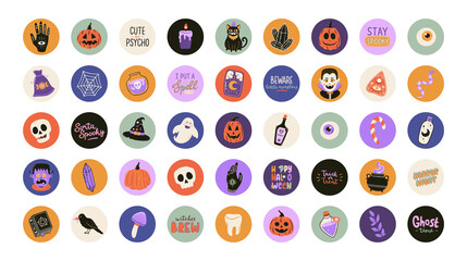 Halloween stickers set with cute elements and lettering in trendy doodle style. Vector illustration.