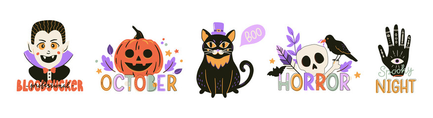 Collection of cute Halloween typography prints. Vector illustration for stickers, patches, season decorations, t-shirt design.