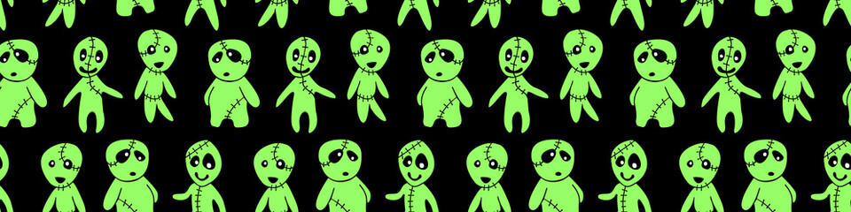Vector seamless pattern with cute zombies in cartoon style. Outline doodle illustration isolated. Halloween backgrounds and textures. For holiday design, greeting card, wrap, web