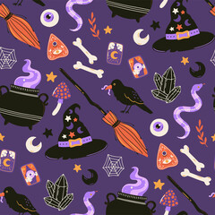 Halloween seamless pattern. Hand drawn holiday background. Cute spooky vector illustration.