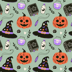 Halloween seamless pattern. Hand drawn holiday background. Cute spooky vector illustration.