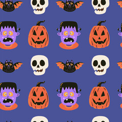 Halloween seamless pattern. Hand drawn holiday background. Cute spooky vector illustration.