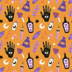 Halloween seamless pattern. Hand drawn holiday background. Cute spooky vector illustration.