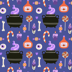 Halloween seamless pattern. Hand drawn holiday background. Cute spooky vector illustration.