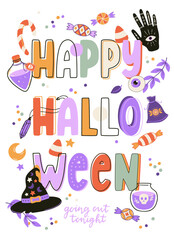 Cute Halloween print with cartoon elements and lettering. Hand drawn vector illustration.