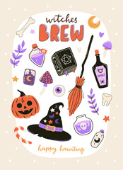 Cute Halloween print with cartoon elements and lettering. Hand drawn vector illustration.