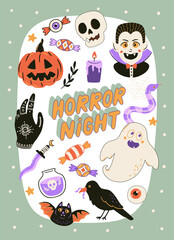 Cute Halloween print with cartoon elements and lettering. Hand drawn vector illustration.