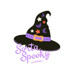 Cute Halloween print with cartoon elements and lettering. Hand drawn vector illustration.